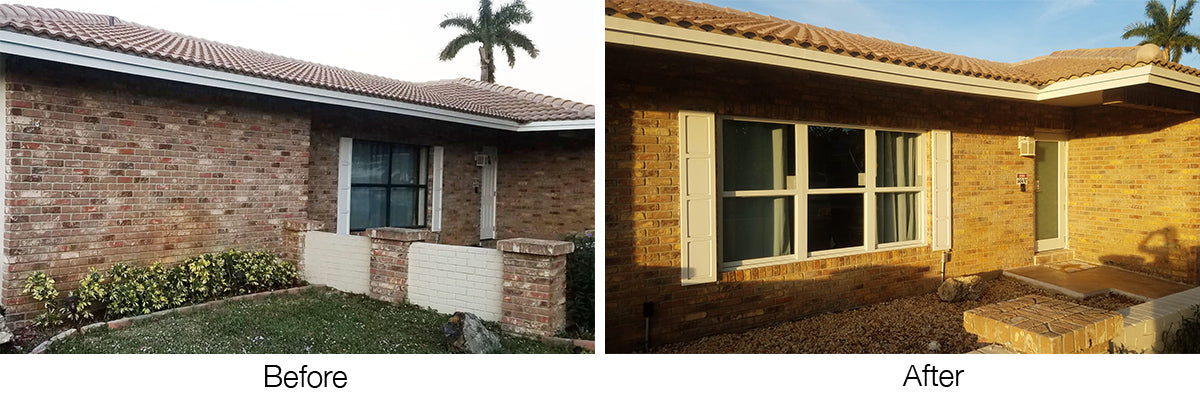 before and after brick Florida home after installation of impact vertical double hung and single hung windows and hurricane resistant door