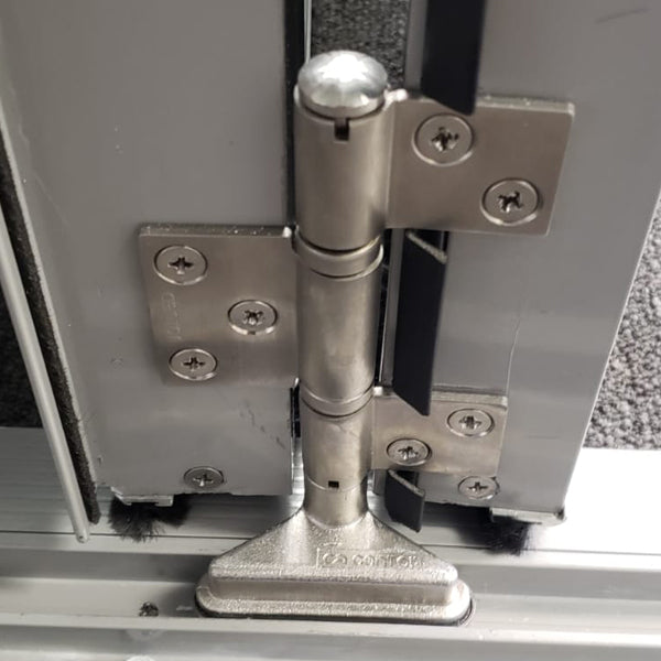 detail of stainless steel hardware on multifold doors